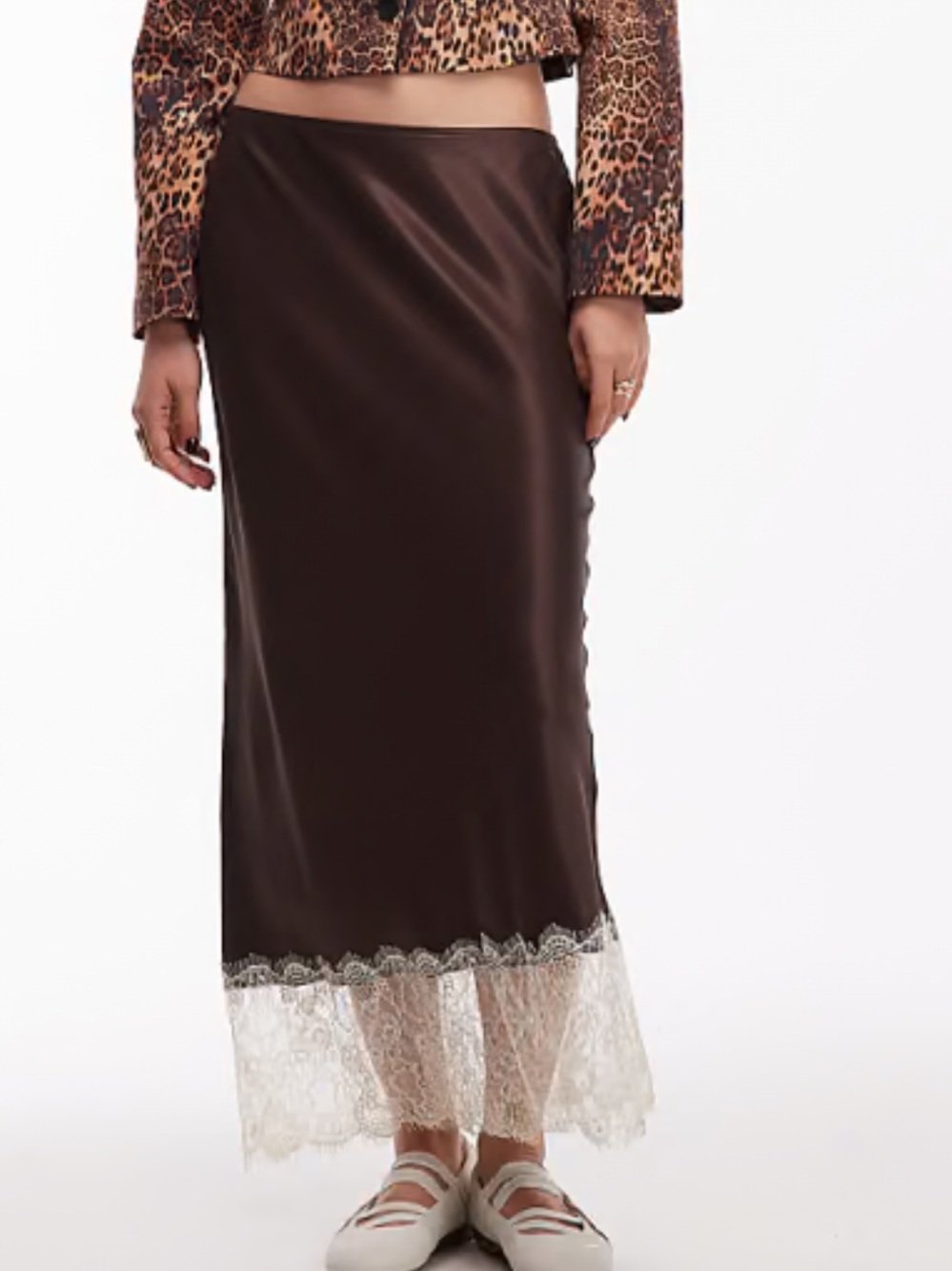 ASOS Brown Satin Slip Skirt with Lace Hem